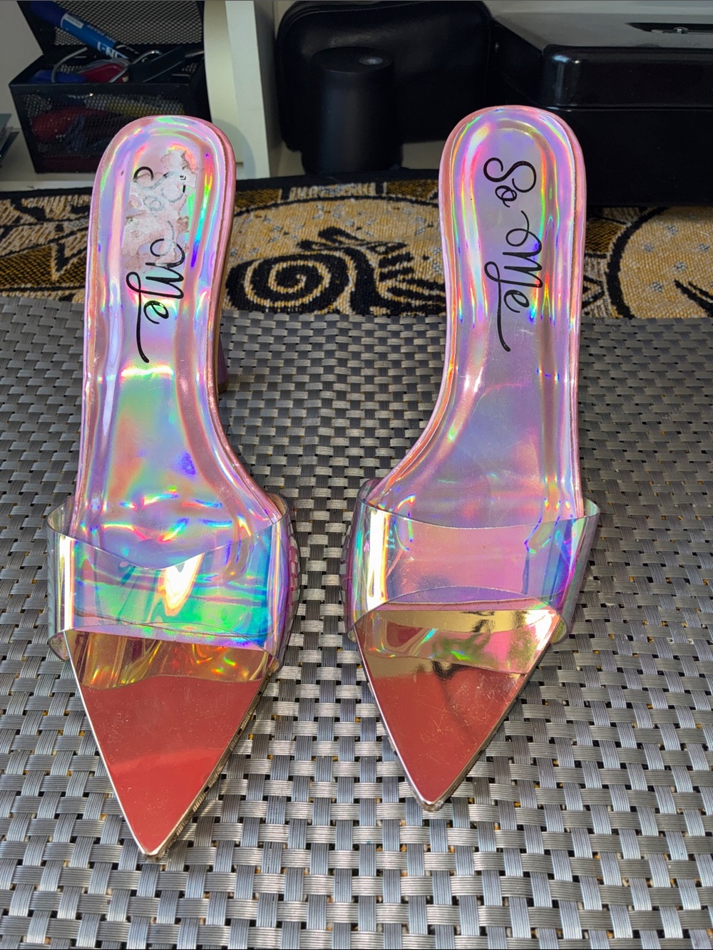So Me Iridescent Holographic Pointed Mule Slides - Pink Sheen